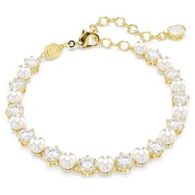 Pulseras Matrix Tennis con perlas de cristal, corte redondo, blanco, chapada en tono dorado