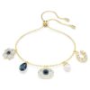 Pulseras Symbolica con perla de cristal, trébol, ojo del mal y herradura, azul, chapada en tono dorado
