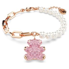 Pulseras Teddy con perla de cristal, osito, rosa, chapada en tono oro rosa Pulseras Teddy con perla de cristal, osito, rosa, chapada en tono oro rosa