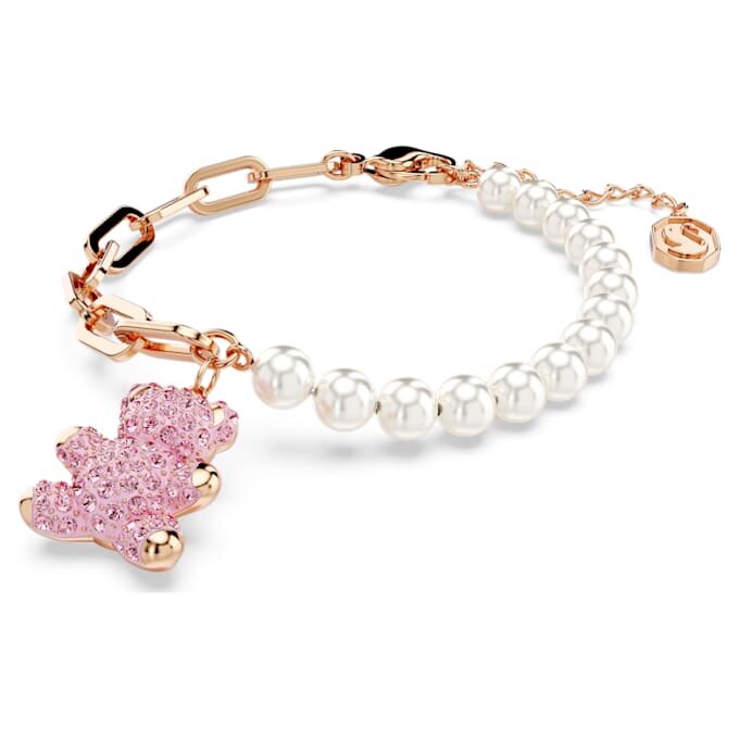 Pulseras Teddy con perla de cristal, osito, rosa, chapada en tono oro rosa Pulseras Teddy con perla de cristal, osito, rosa, chapada en tono oro rosa