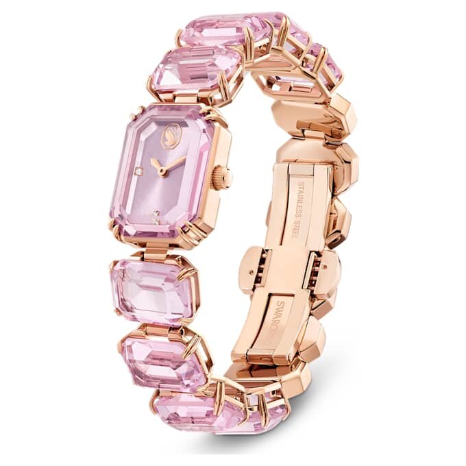 Reloj con pulsera de cristales de corte octogonal, rosa, acabado en tono oro rosa Reloj con pulsera de cristales de corte octogonal, rosa, acabado en tono oro rosa