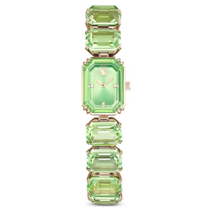 Reloj con pulsera de cristales de corte octogonal, verde, acabado dorado champán Reloj con pulsera de cristales de corte octogonal, verde, acabado dorado champán