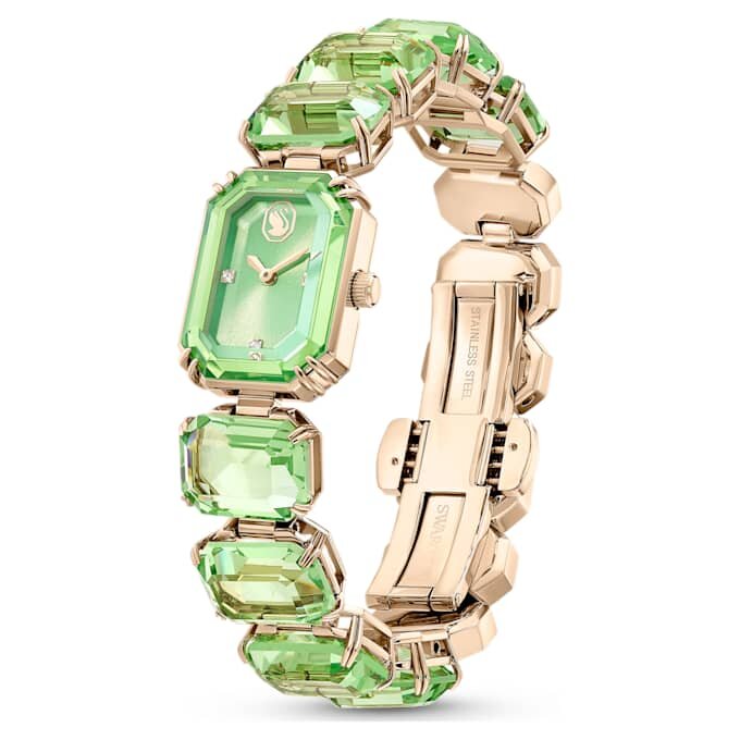 Reloj con pulsera de cristales de corte octogonal, verde, acabado dorado champán Reloj con pulsera de cristales de corte octogonal, verde, acabado dorado champán