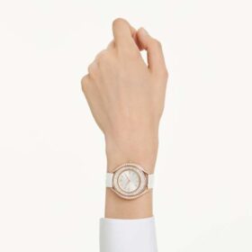 Reloj Crystalline Aura de fabricación suiza, correa de cuero, blanco, acabado en tono oro rosa