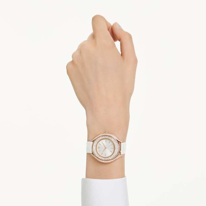 Reloj Crystalline Aura de fabricación suiza, correa de cuero, blanco, acabado en tono oro rosa Reloj Crystalline Aura de fabricación suiza, correa de cuero, blanco, acabado en tono oro rosa