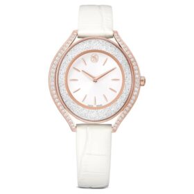 Reloj Crystalline Aura de fabricación suiza, correa de cuero, blanco, acabado en tono oro rosa