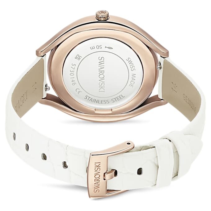 Reloj Crystalline Aura de fabricación suiza, correa de cuero, blanco, acabado en tono oro rosa Reloj Crystalline Aura de fabricación suiza, correa de cuero, blanco, acabado en tono oro rosa