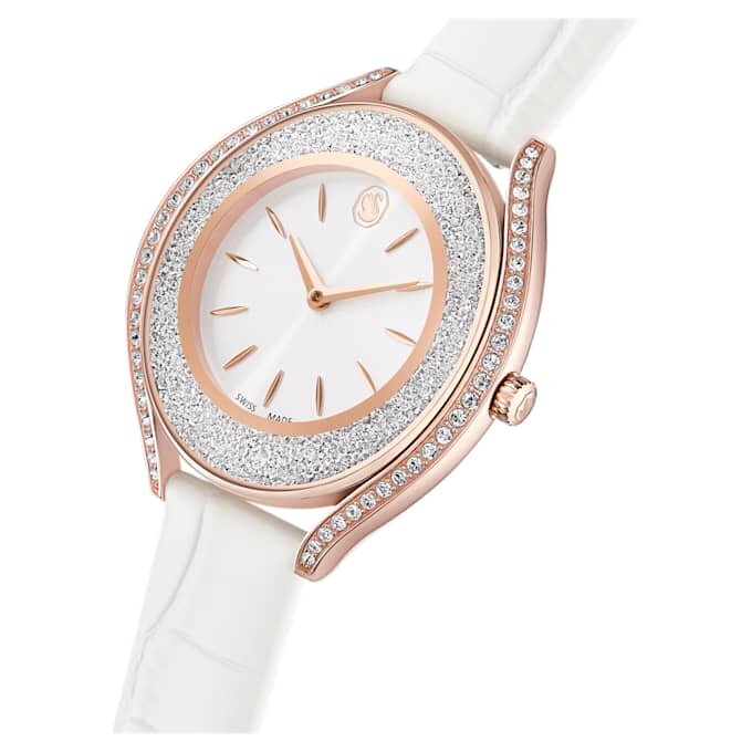 Reloj Crystalline Aura de fabricación suiza, correa de cuero, blanco, acabado en tono oro rosa Reloj Crystalline Aura de fabricación suiza, correa de cuero, blanco, acabado en tono oro rosa