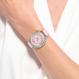 Reloj Crystalline Aura de fabricación suiza, correa de cuero, rosa, acabado en tono oro rosa