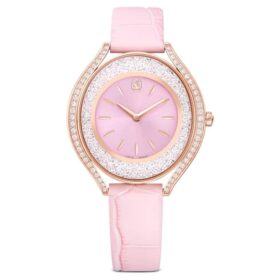 Reloj Crystalline Aura de fabricación suiza, correa de cuero, rosa, acabado en tono oro rosa