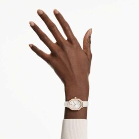 Reloj Dextera Octagon de fabricación suiza, correa de cuero, blanco, acabado en tono oro rosa