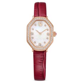Reloj Dextera Octagon de fabricación suiza, correa de cuero, rojo, acabado en tono oro rosa