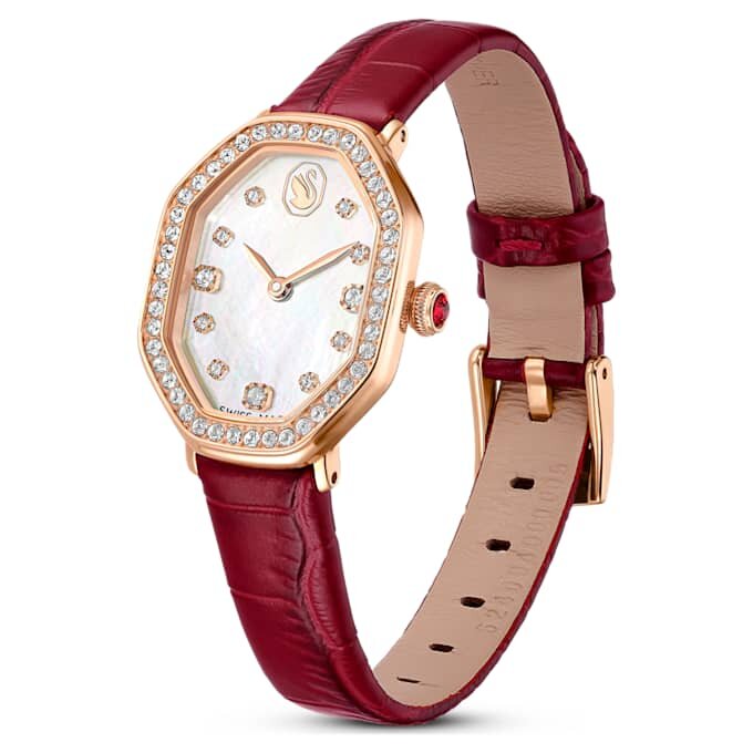 Reloj Dextera Octagon de fabricación suiza, correa de cuero, rojo, acabado en tono oro rosa