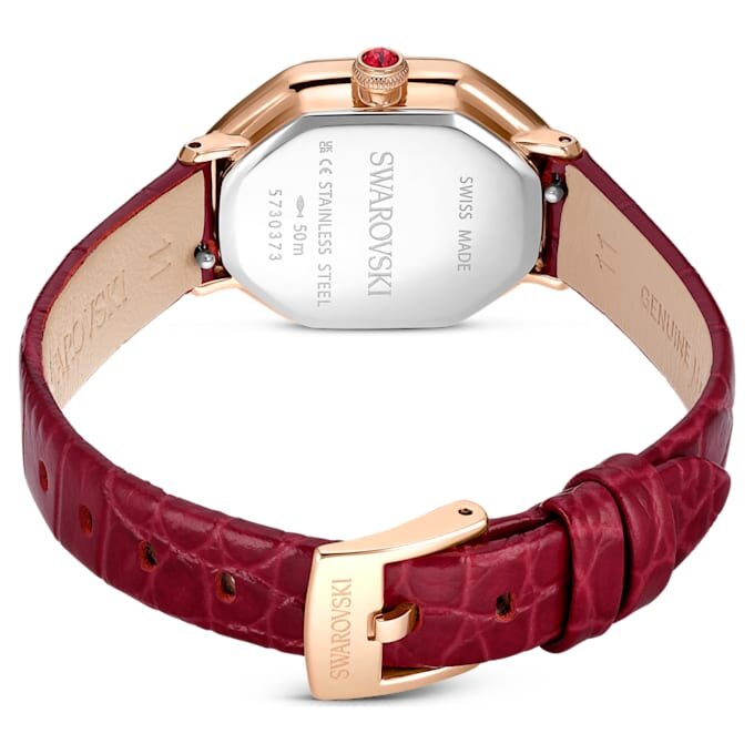 Reloj Dextera Octagon de fabricación suiza, correa de cuero, rojo, acabado en tono oro rosa