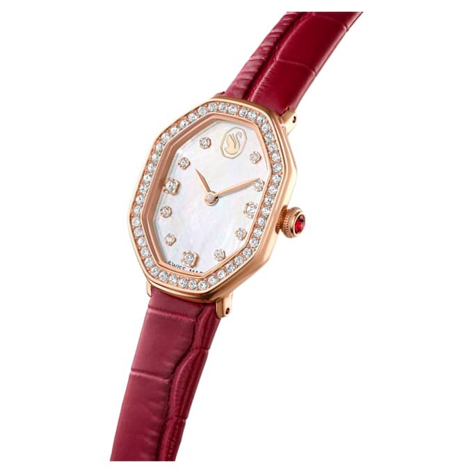 Reloj Dextera Octagon de fabricación suiza, correa de cuero, rojo, acabado en tono oro rosa