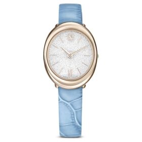 Reloj Imber Oval de fabricación suiza, correa de cuero, azul, acabado en tono dorado champán