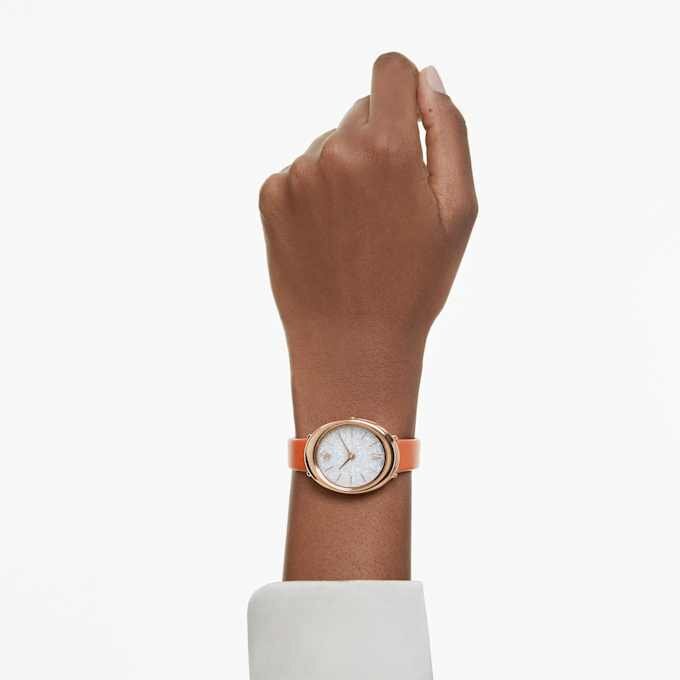 Reloj Imber Oval de fabricación suiza, correa de cuero, naranja, acabado en tono oro rosa Reloj Imber Oval de fabricación suiza, correa de cuero, naranja, acabado en tono oro rosa