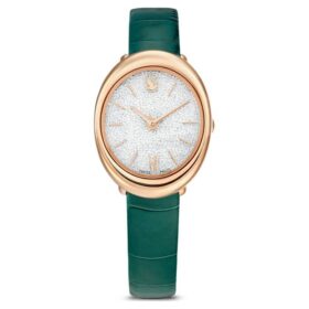 Reloj Imber Oval de fabricación suiza, correa de cuero, verde, acabado en tono oro rosa