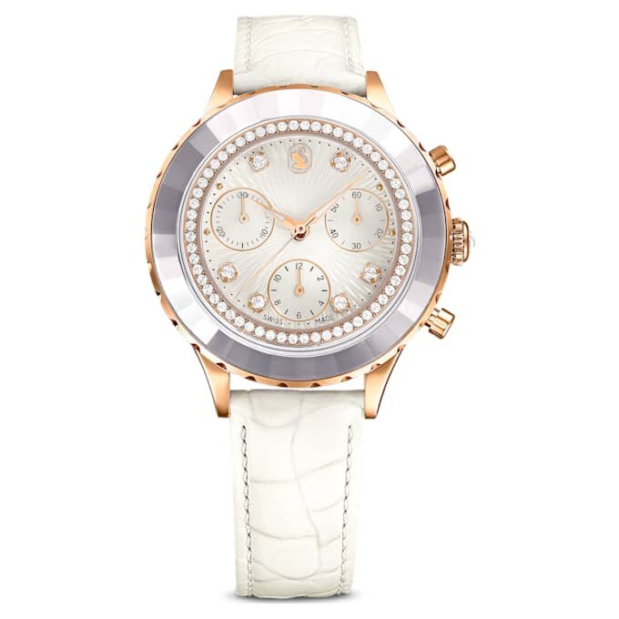Reloj Octea Chrono de fabricación suiza, correa de cuero, blanco, acabado en tono oro rosa Reloj Octea Chrono de fabricación suiza, correa de cuero, blanco, acabado en tono oro rosa