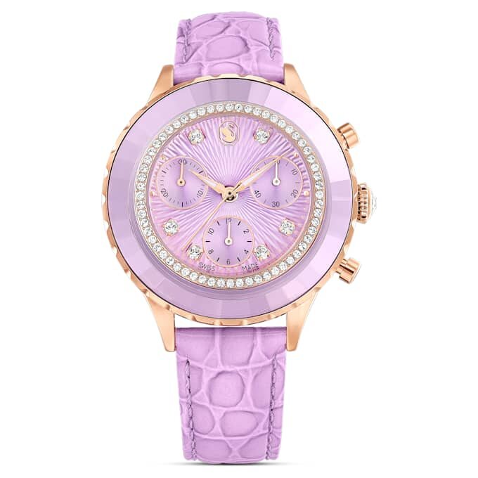 Reloj Octea Chrono de fabricación suiza, correa de cuero, color púrpura, acabado tono oro rosa Reloj Octea Chrono de fabricación suiza, correa de cuero, color púrpura, acabado tono oro rosa