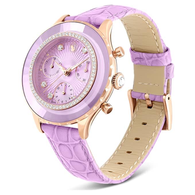 Reloj Octea Chrono de fabricación suiza, correa de cuero, color púrpura, acabado tono oro rosa Reloj Octea Chrono de fabricación suiza, correa de cuero, color púrpura, acabado tono oro rosa