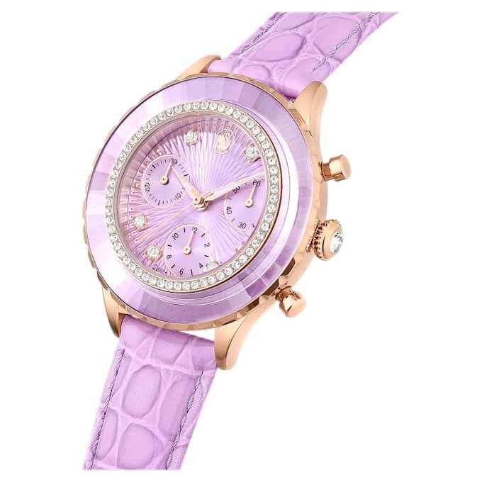 Reloj Octea Chrono de fabricación suiza, correa de cuero, color púrpura, acabado tono oro rosa Reloj Octea Chrono de fabricación suiza, correa de cuero, color púrpura, acabado tono oro rosa