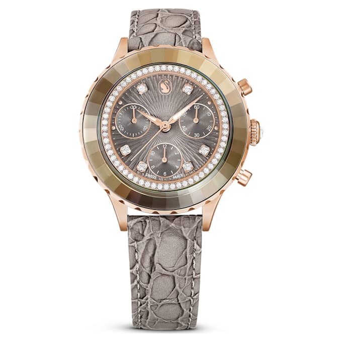 Reloj Octea Chrono de fabricación suiza, correa de cuero, gris, acabado en tono oro rosa Reloj Octea Chrono de fabricación suiza, correa de cuero, gris, acabado en tono oro rosa
