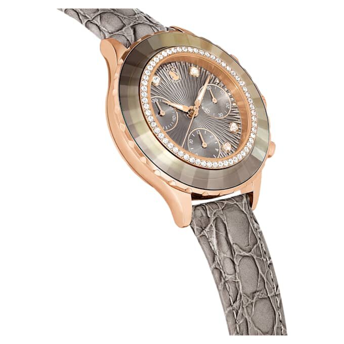 Reloj Octea Chrono de fabricación suiza, correa de cuero, gris, acabado en tono oro rosa Reloj Octea Chrono de fabricación suiza, correa de cuero, gris, acabado en tono oro rosa