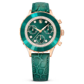 Reloj Octea Chrono de fabricación suiza, correa de cuero, verde, acabado tono oro rosa