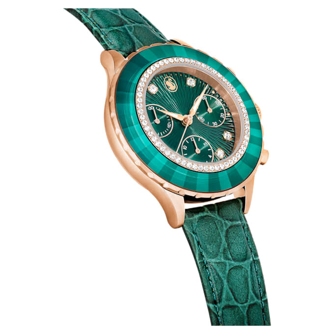 Reloj Octea Chrono de fabricación suiza, correa de cuero, verde, acabado tono oro rosa Reloj Octea Chrono de fabricación suiza, correa de cuero, verde, acabado tono oro rosa