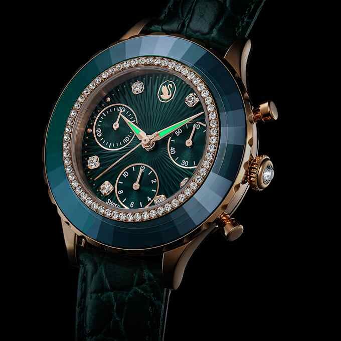 Reloj Octea Chrono de fabricación suiza, correa de cuero, verde, acabado tono oro rosa Reloj Octea Chrono de fabricación suiza, correa de cuero, verde, acabado tono oro rosa