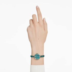 Reloj tipo brazalete Matrix, fabricado en Suiza, con pulsera de cristales, color verde y acabado dorado champán
