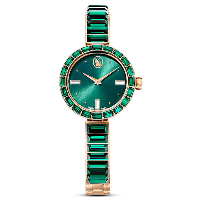 Reloj tipo brazalete Matrix, fabricado en Suiza, con pulsera de cristales, color verde y acabado dorado champán Reloj tipo brazalete Matrix, fabricado en Suiza, con pulsera de cristales, color verde y acabado dorado champán