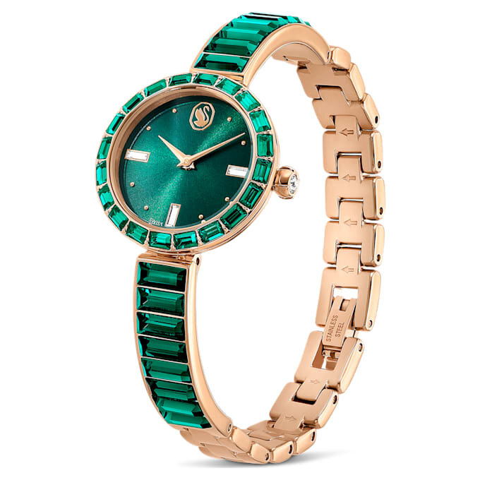 Reloj tipo brazalete Matrix, fabricado en Suiza, con pulsera de cristales, color verde y acabado dorado champán Reloj tipo brazalete Matrix, fabricado en Suiza, con pulsera de cristales, color verde y acabado dorado champán