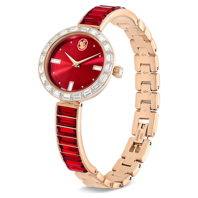 Reloj tipo brazalete Matrix, fabricado en Suiza, con pulseras de cristales, rojo, acabado en tono oro rosa Reloj tipo brazalete Matrix, fabricado en Suiza, con pulseras de cristales, rojo, acabado en tono oro rosa