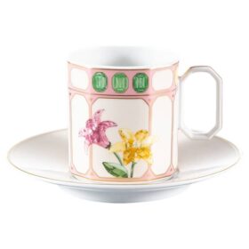 Taza de café con platillo Idyllia, de porcelana, con motivo de cristales, flores y multicolor
