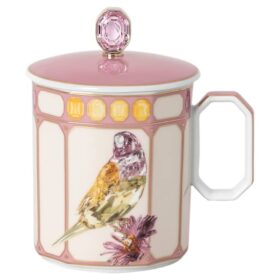 Taza de porcelana Idyllia, motivo de cristales, pinzón, rosa