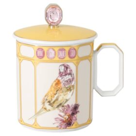 Taza de porcelana Idyllia, motivo de impresión de cristal, pinzón, amarillo